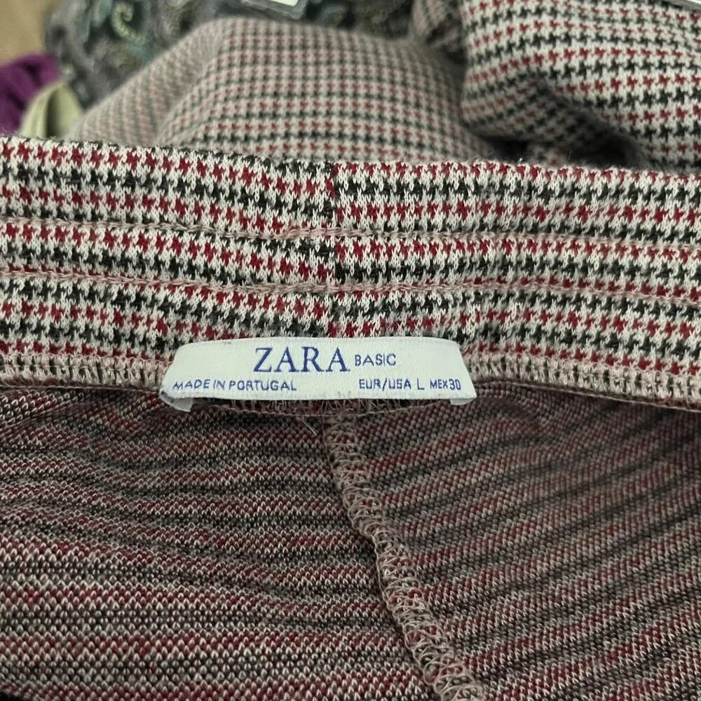 ZARA HOUNDSTOOTH PANTS WOMENS LARGE RED BLACK WHITE ELASTIC PULL ON WAIST TROUSE - Picture 4 of 7